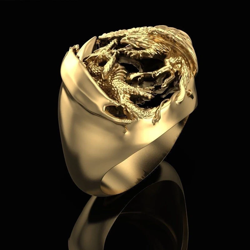 Фото Модный роскошный золотой цвет Дракон и Феникс защита мифология сокровище кольцо