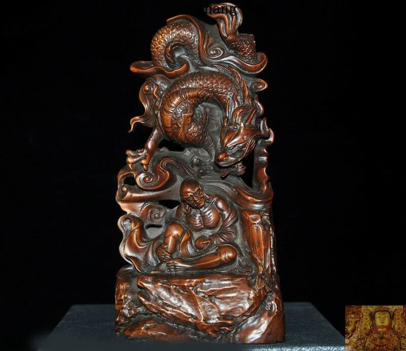 

wedding decoration 7"China temple Boxwood Wood carved Dragon Arhat Damo Dharma Buddha Buddha statue