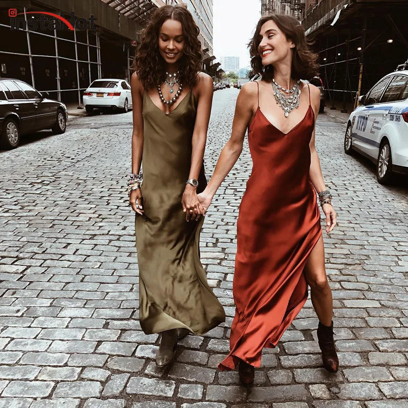 InstaHot Sexy Satin V Neck Maxi Dress Women Spaghetti Strap Sleeveless Backless Side Split Long Dresses 2019 Spring Lady Vestido
InstaHot Sexy Satin V Neck Maxi Dress Women Spaghetti Strap Sleeveless Backless Side Split Long Dresses 2019 Spring Lady Vestido