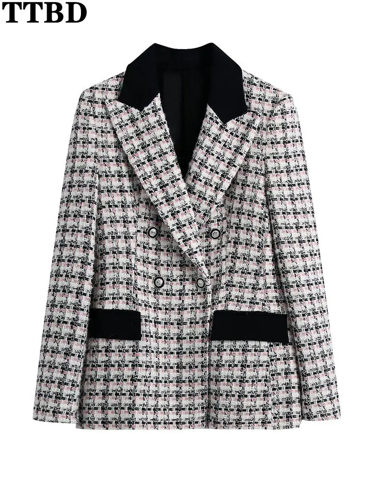 TTBD traf blazer Women fashion double breasted check tweed blazer coat vintage long sleeve female outerwear chic veste femme
TTBD traf blazer Women fashion double breasted check tweed blazer coat vintage long sleeve female outerwear chic veste femme