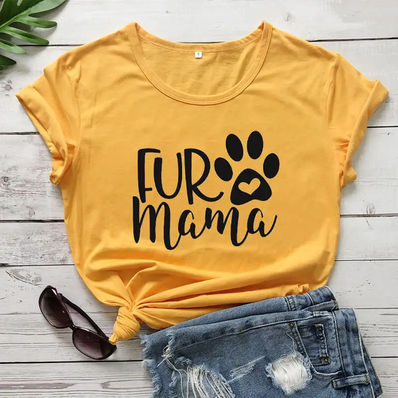 

Fur MaMa Graphic Printed Funny Shirts Cute Dog Paw 100%Cotton Dog Mom T-shirt Pet Lover Tops Gift For Dog Mom