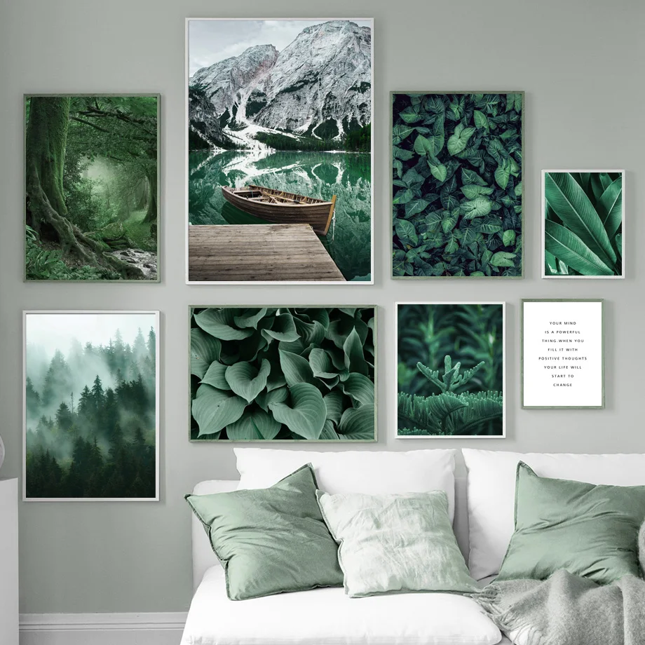 

Nordic Green Lake Mountain Forest Banana Leaves Wall Art Canvas Painting Posters And Prints Wall Pictures For Living Room Decor