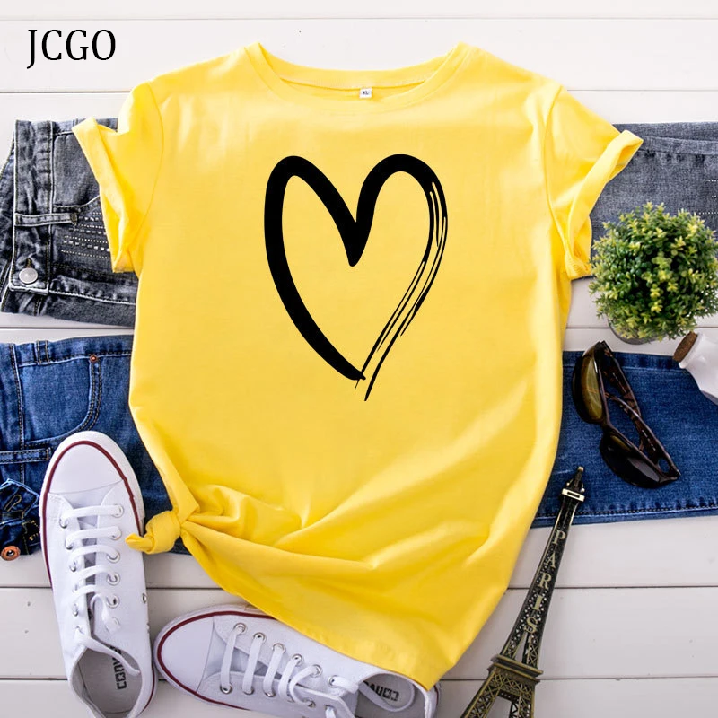 JCGO Summer Cotton Women Heart Print T Shirt S-5XL Versatile Short Sleeve Tees Tops Casual O-Neck Female TShirt
JCGO Summer Cotton Women Heart Print T Shirt S-5XL Versatile Short Sleeve Tees Tops Casual O-Neck Female TShirt