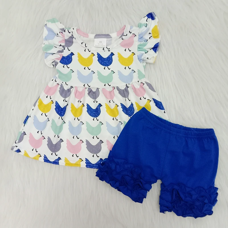summer new style outfit kid baby flutter sleeve chicken full printed tops and solid royal blue shorts baby summer two pcs outfit
summer new style outfit kid baby flutter sleeve chicken full printed tops and solid royal blue shorts baby summer two pcs outfit