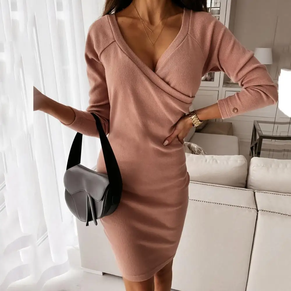Sexy Women Solid Color Deep V Neck Long Sleeve Knitted Bodycon Knee-length Dress Wrap Sundress Robe 2021
Sexy Women Solid Color Deep V Neck Long Sleeve Knitted Bodycon Knee-length Dress Wrap Sundress Robe 2021