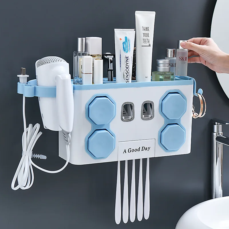 Bathroom Automatic Toothpaste Dispenser Wall Mounted Toothbrush Holder With Cups Hair Dryer Storage Rack Toiletries Organizer
Bathroom Automatic Toothpaste Dispenser Wall Mounted Toothbrush Holder With Cups Hair Dryer Storage Rack Toiletries Organizer