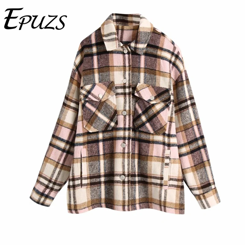 

EPUZS винтажная теплая куртка оверсайз пальто 2021 Весенняя женская модная тонкая клетчатая куртка с длинным рукавом пальто женская верхняя одежда шикарный топ