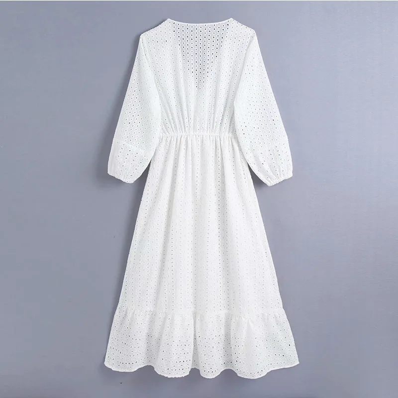 2021 New Crocheted Hollow Lace Pure Color Dress V-neck Single-breasted Puff Sleeve Five-point Sleeve and Ankle Loose Casual Dres
2021 New Crocheted Hollow Lace Pure Color Dress V-neck Single-breasted Puff Sleeve Five-point Sleeve and Ankle Loose Casual Dres