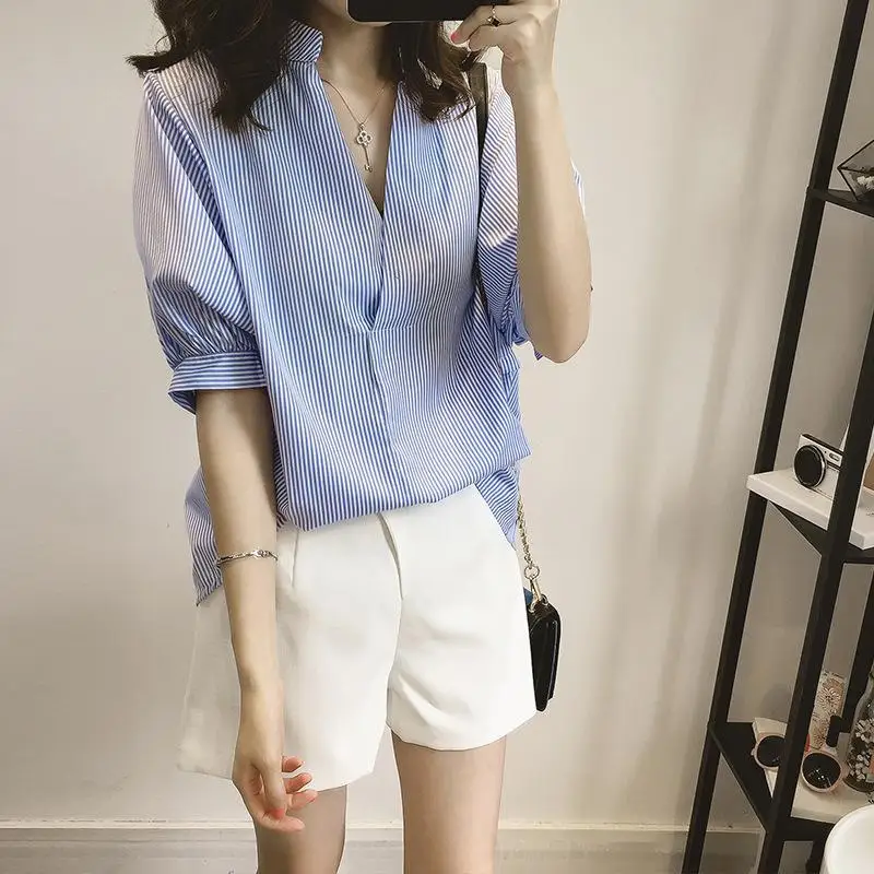 MISSKY Women Shirt Summer Stripes Shirt Batwing Sleeve Lapel Large Size Tops V Neck Short Sleeve Female Blouse New
MISSKY Women Shirt Summer Stripes Shirt Batwing Sleeve Lapel Large Size Tops V Neck Short Sleeve Female Blouse New