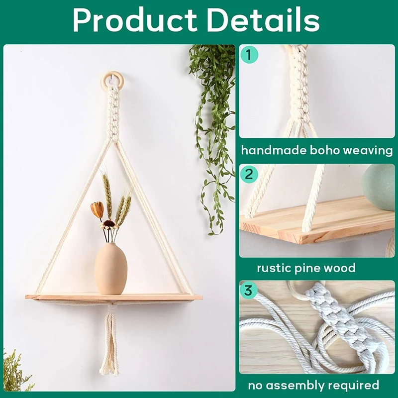 Hanging Shelves for Wall, 2 Pack Wooden Floating Shelf Plant Hanger with Handmade Macrame Weaving,Boho Wall Decor
Hanging Shelves for Wall, 2 Pack Wooden Floating Shelf Plant Hanger with Handmade Macrame Weaving,Boho Wall Decor