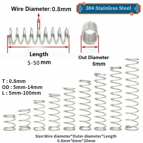 10Pcs 304 Stainless Compression Spring Wire Diameter 0.8mm Return Spring small Springs Spiral spring ressort Length 5-100mm
10Pcs 304 Stainless Compression Spring Wire Diameter 0.8mm Return Spring small Springs Spiral spring ressort Length 5-100mm