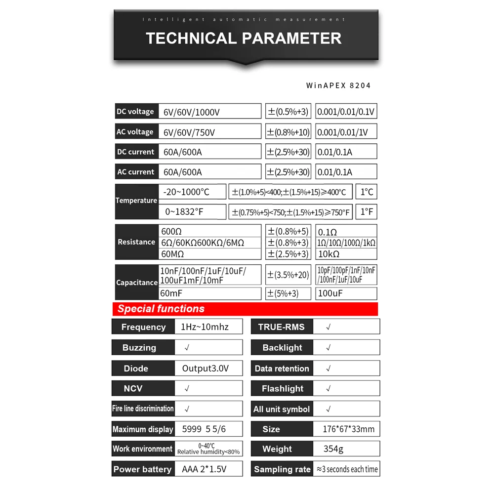 AC DC Clamp Multimeter Clamp Meter Intelligent Measurement AC DC Voltage Frequency Capacitance Resistance Meters with Data Hold
AC DC Clamp Multimeter Clamp Meter Intelligent Measurement AC DC Voltage Frequency Capacitance Resistance Meters with Data Hold