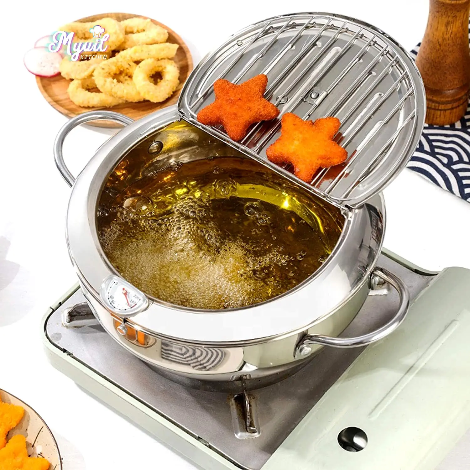 

Глубокая Сковорода с термометром и крышкой для кухни, кастрюли из нержавеющей стали, японская кастрюля Tempura сковорода для жарки, жареная курица, кухонный инструмент