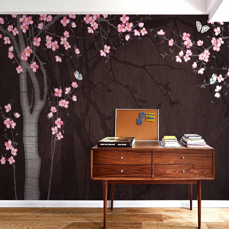 

Chinese Style Dark Background Wallpaper Custom Any Size 3D Flower Tree Wood Pattern Wall Mural Home Decor Papel Pintado De Pared