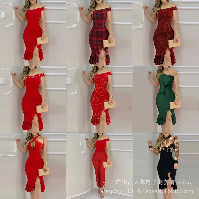 2021 Women Fashion Sexy Plain Off Shoulder Ruffle Slit Dress Solid Red Black Midi Dress Ruffles Sleeveless Party dress
2021 Women Fashion Sexy Plain Off Shoulder Ruffle Slit Dress Solid Red Black Midi Dress Ruffles Sleeveless Party dress