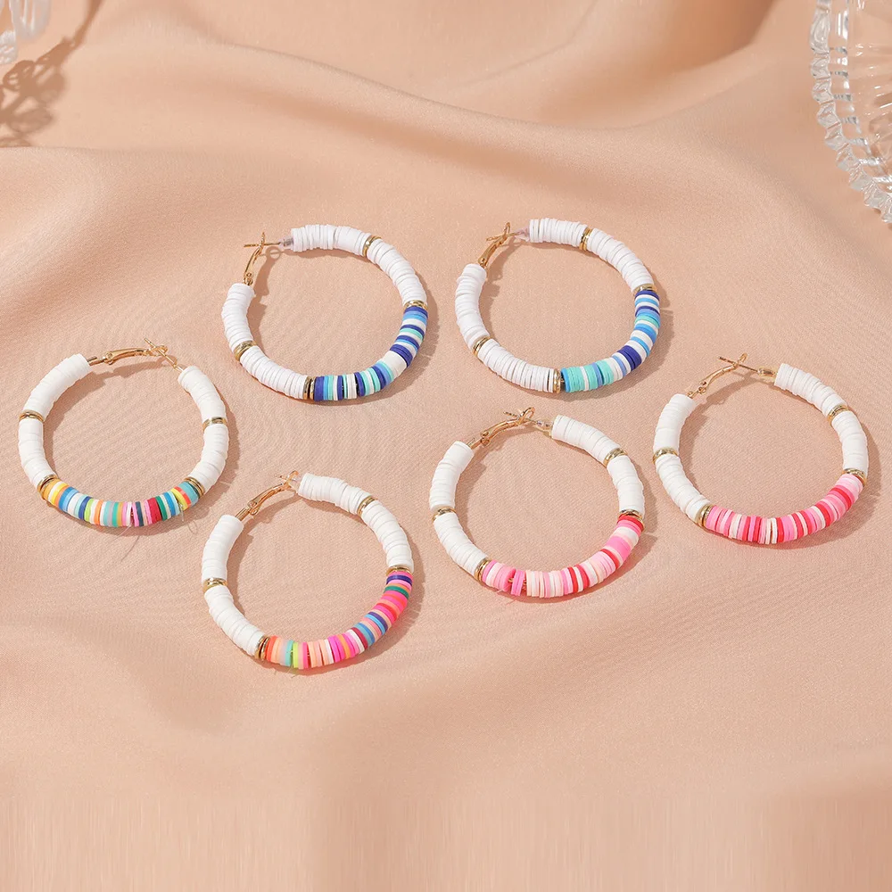 

Boho Colorful Geometric Big Round Circle Heishi Polymer Clay Disc Beads Hoop Earrings For Women Ladies Party Ear Jewelry Gift