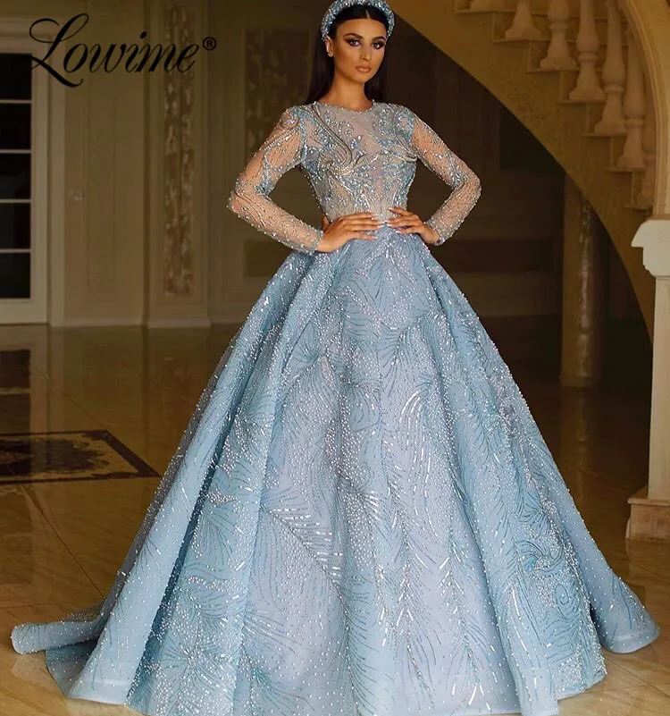 

Dubai Blue Pearls Evening Dresses Islamic Turkish Women A-Line Party Gowns Arabic Prom Dresses Long Robe De Soiree 2020 Couture