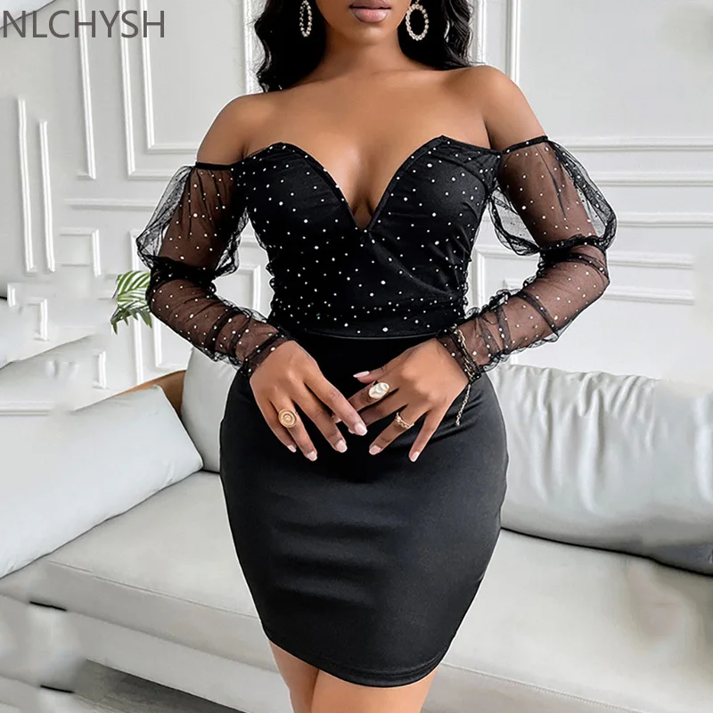 Women Bodycon Dress Sexy Off Shoulder V neck Night Club Mini Dress Glitter Mesh Splicing Party Dress
Women Bodycon Dress Sexy Off Shoulder V neck Night Club Mini Dress Glitter Mesh Splicing Party Dress