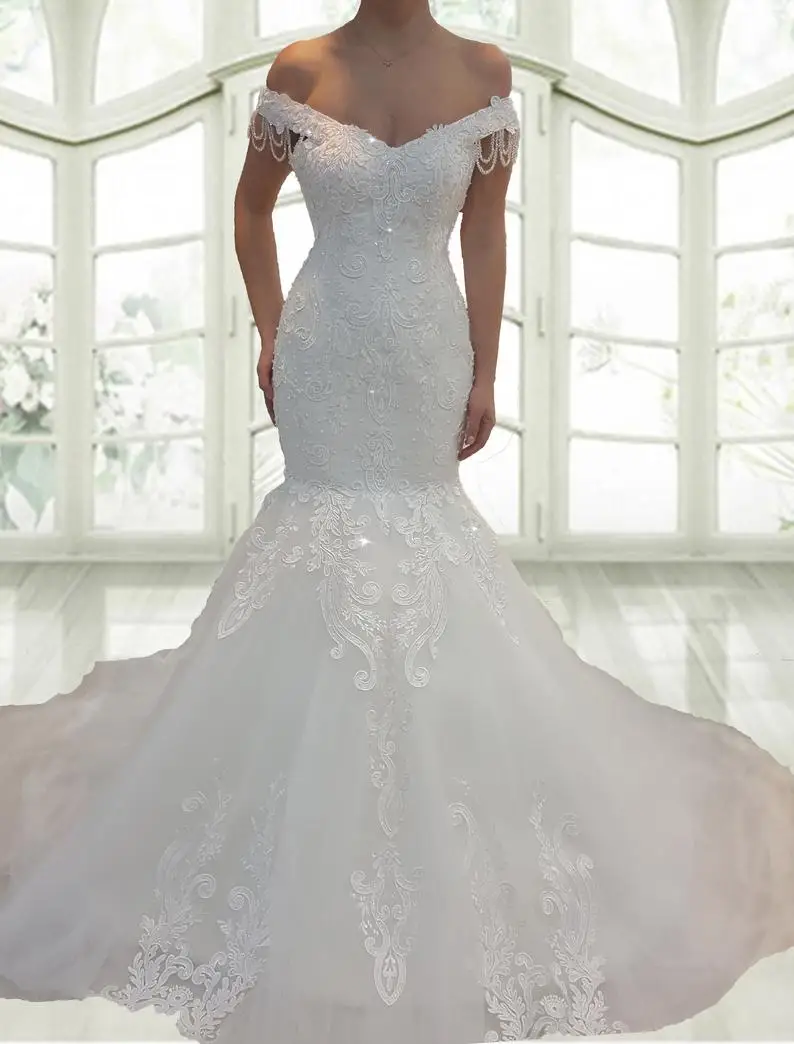 Mermaid/Trumpet Off The Shoulder White Appliques Beading Lace-Up Wedding Dress lace up Custom-Made Bridal Gown Vestido de noiva
Mermaid/Trumpet Off The Shoulder White Appliques Beading Lace-Up Wedding Dress lace up Custom-Made Bridal Gown Vestido de noiva