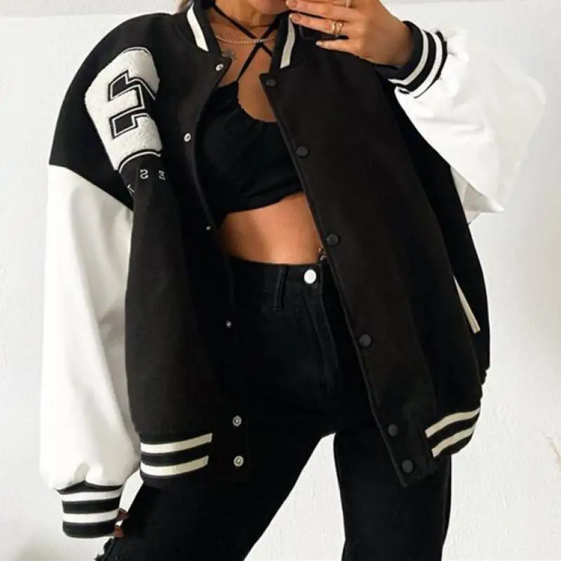 Women Pu Leather Patchwork White Black Color Blacked Oversized Baseball Jacket 2021 Fall Ribbed Letters Button Up Boyfriend Coat
Women Pu Leather Patchwork White Black Color Blacked Oversized Baseball Jacket 2021 Fall Ribbed Letters Button Up Boyfriend Coat