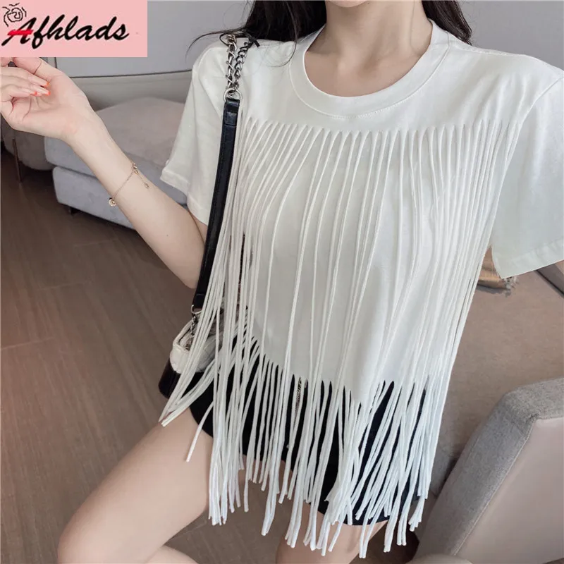 Женская футболка с коротким рукавом, Повседневная Свободная футболка составного кроя с круглым вырезом и бахромой, в Корейском стиле, лето
Женская футболка с коротким рукавом, Повседневная Свободная футболка составного кроя с круглым вырезом и бахромой, в Корейском стиле, лето