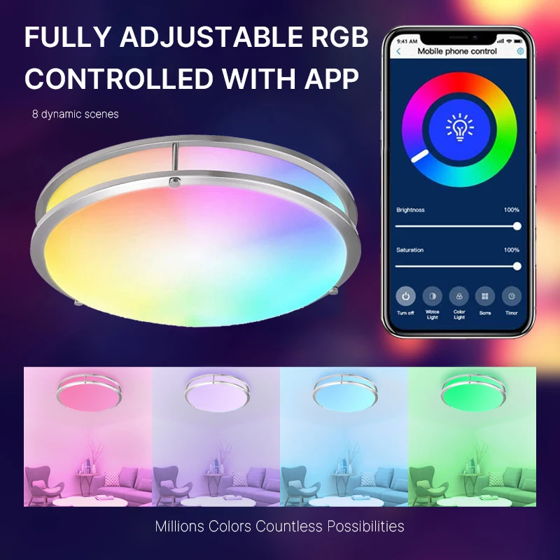 Умная Светодиодная потолочная лампа Tuya, светильник для спальни, с регулируемой яркостью, 11/12/13/14 дюймов, RGB, для Alexa и Google Assistant 
Умная Светодиодная потолочная лампа Tuya, светильник для спальни, с регулируемой яркостью, 11/12/13/14 дюймов, RGB, для Alexa и Google Assistant