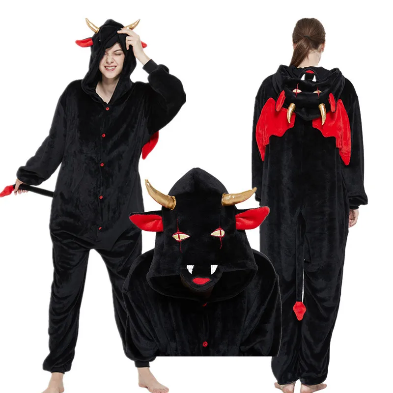 Взрослые кигуруми дьявол фланелевые пижамные комплекты с милыми животными