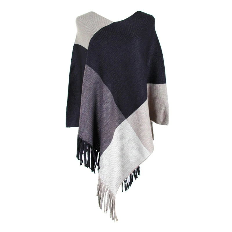 

Women Color Block Poncho Cape Asymmetric Tassels Hem Knitted Shawl Scarf Wrap Vintage Fringed Loose Pullover Sweater Top