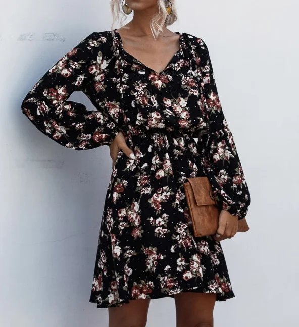 Woman Polka Dot Flower Dress, Puff Sleeve V-neck Lace-up Dress Casual Elastic Waist Clothes
Woman Polka Dot Flower Dress, Puff Sleeve V-neck Lace-up Dress Casual Elastic Waist Clothes