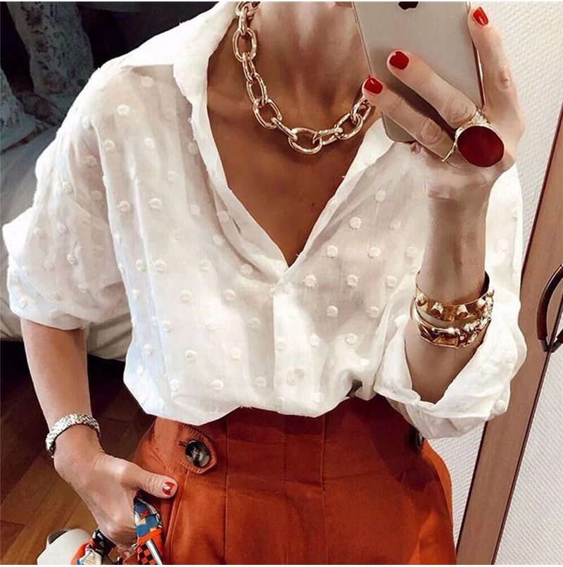 Spring Summer Women Dots Print Blouse Shirt Female Tops Long Sleeve Casual Turn-down Collar OL Style Women Loose Blouses 
Spring Summer Women Dots Print Blouse Shirt Female Tops Long Sleeve Casual Turn-down Collar OL Style Women Loose Blouses