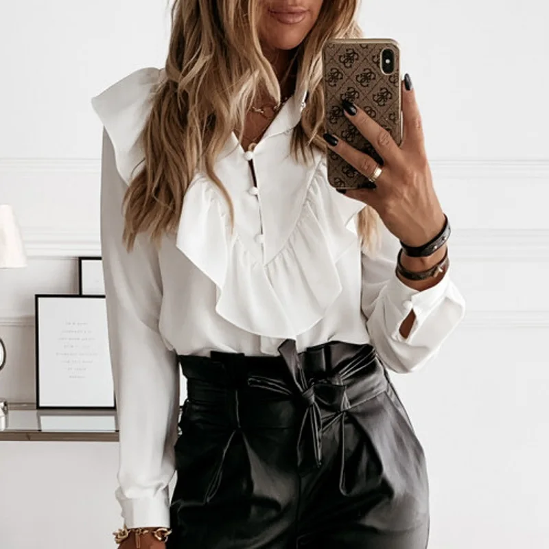 Elegant Women Spring Autumn Shirts Single-breasted Design Ruffles Decor V-Neck Long Sleeve Dot Print Slim Cardigan Top
Elegant Women Spring Autumn Shirts Single-breasted Design Ruffles Decor V-Neck Long Sleeve Dot Print Slim Cardigan Top