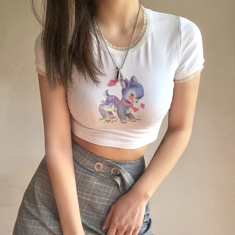 Cartoon Print Crop Top O-neck Short Sleeve Lace Ruffle Show Navel T-shirts Short Sleeve Lace Up Soft Fabric Slim Female Tees
Cartoon Print Crop Top O-neck Short Sleeve Lace Ruffle Show Navel T-shirts Short Sleeve Lace Up Soft Fabric Slim Female Tees