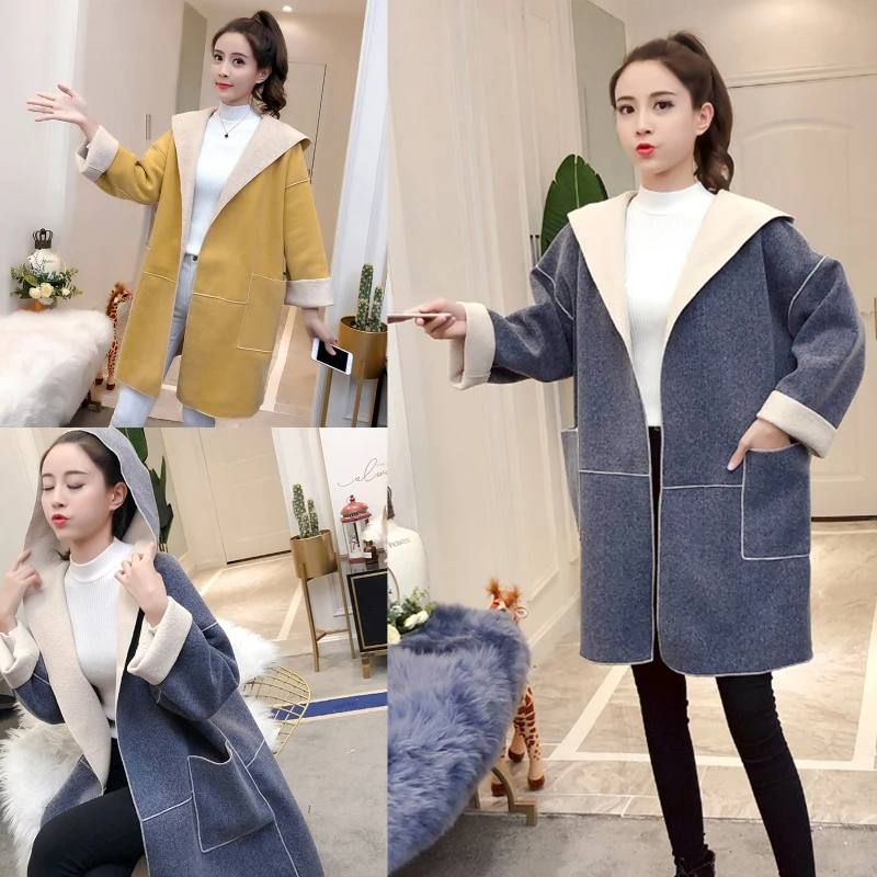 Women Autumn Winter Long Sleeves Hooded Double-sided Woolen Coat Korean Style Solid Color Overcoat Mid-length Loose Topcoat with
Women Autumn Winter Long Sleeves Hooded Double-sided Woolen Coat Korean Style Solid Color Overcoat Mid-length Loose Topcoat with