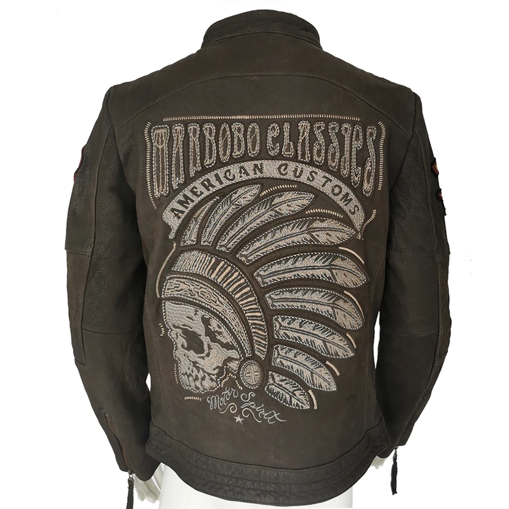 CLEARANCE Men Leather Jacket Embroidery 100% Natural Cowhide Brown Motorcycle Jacket Men Motorbike Coat Autumn M182
