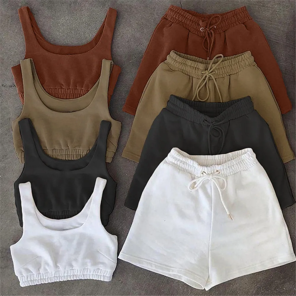 

Women Summer Casual Sportswear Two Piece Sets 2021 Crop Top Drawstring Shorts Sets Tracksuits Athleisure Outfits Female Clothing