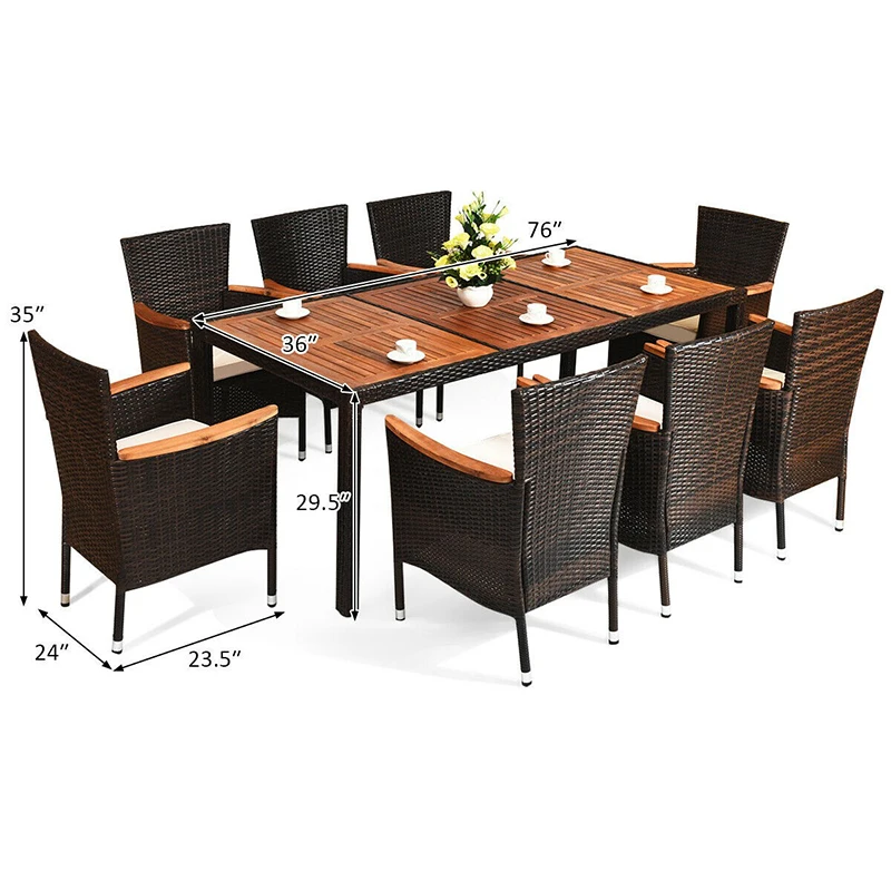 9 Pcs Elegant Patio Rattan Dining Set 8 Ergonomic High Back Chairs High Quality Acacia Top Dining Table Outdoor Indoor Set
9 Pcs Elegant Patio Rattan Dining Set 8 Ergonomic High Back Chairs High Quality Acacia Top Dining Table Outdoor Indoor Set