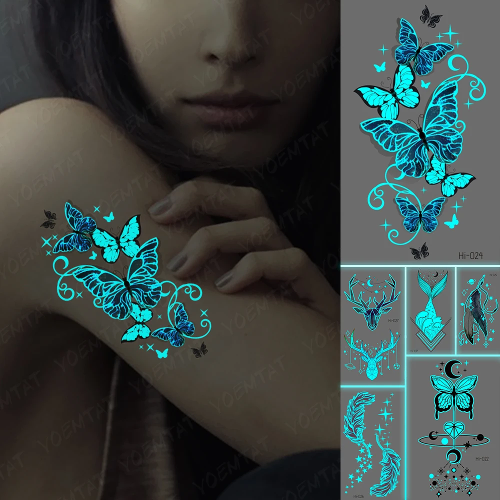 Blue Fluorescent Butterfly Luminous Tatto Moon Waterproof Temporary Tattoo Stickers Women Men Body Art Scapula Neck Wrist Ankle
Blue Fluorescent Butterfly Luminous Tatto Moon Waterproof Temporary Tattoo Stickers Women Men Body Art Scapula Neck Wrist Ankle