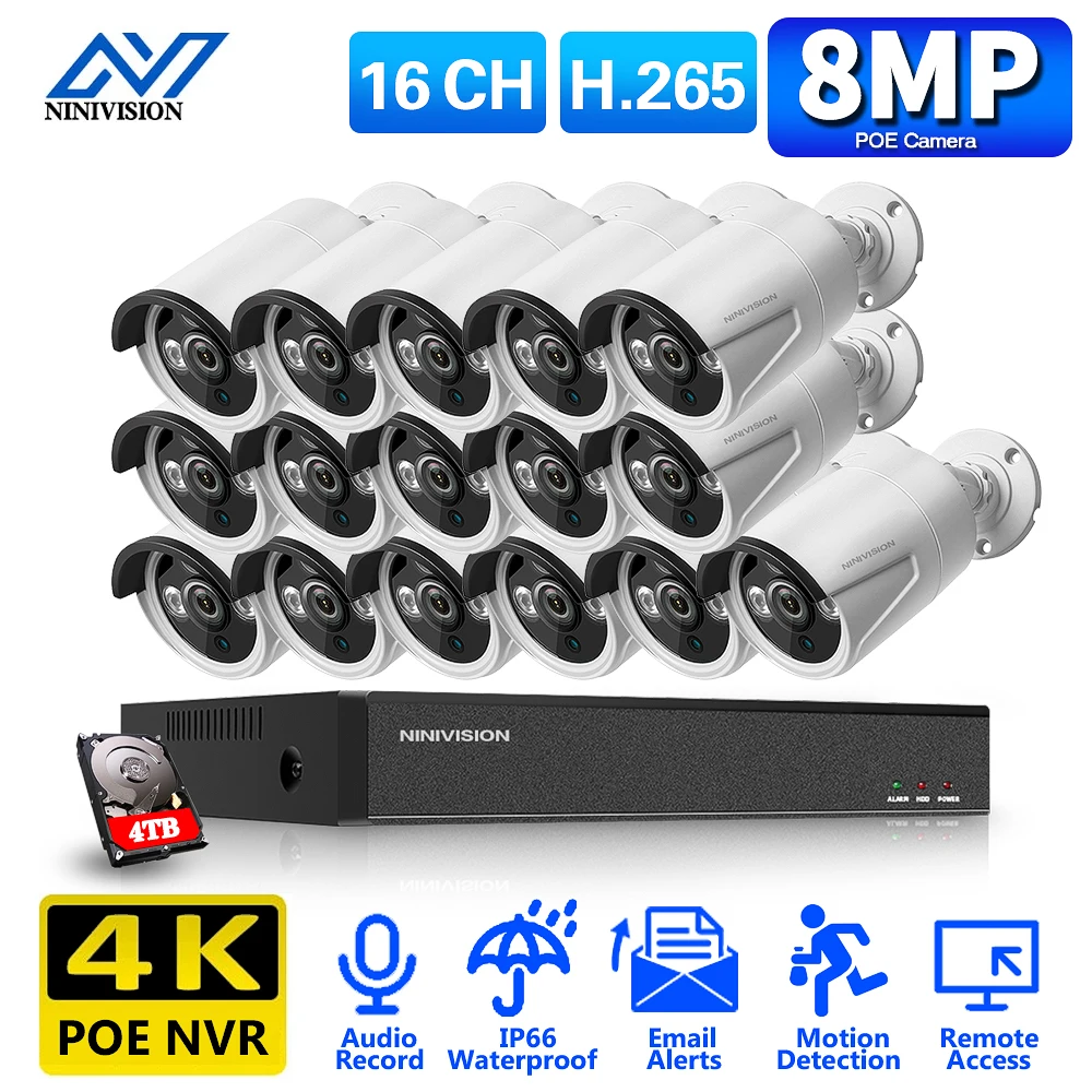 

8MP POE Bullet Camera System Set 16CH NVR Kit 4K Outdoor IP66 Waterproof Audio CCTV Security Surveillance Camera System Kit HDD