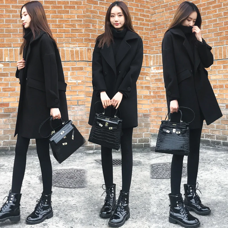 Tailored Collar Korean Style Loose Slimming Double-breasted Black Woolen Overcoat Mid-Length Coat For Women Autumn Winter New
Tailored Collar Korean Style Loose Slimming Double-breasted Black Woolen Overcoat Mid-Length Coat For Women Autumn Winter New