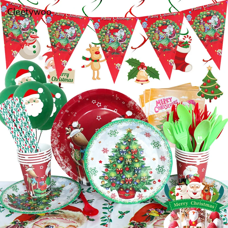 

Christmas Decoration Party Disposable Tableware Merry Christmas Paper Plates Cups Pennants Xmas Balloons New Year Party Decor