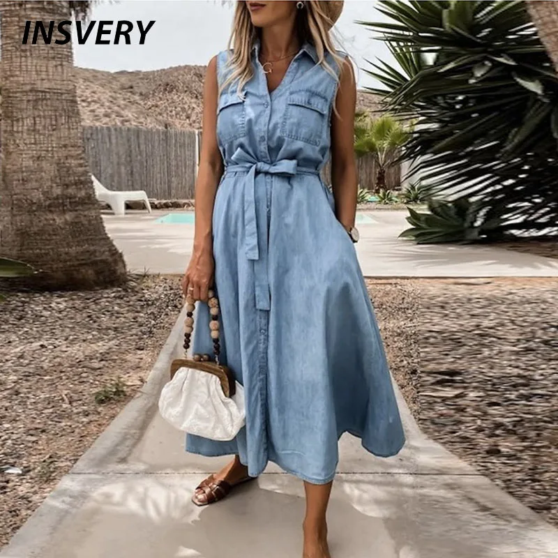 New Sleeveless Dresses For Women Casual Button Pocket Tie Waist Denim Dress Women Casual Turn Down Collar Solid Party Dress 2021
New Sleeveless Dresses For Women Casual Button Pocket Tie Waist Denim Dress Women Casual Turn Down Collar Solid Party Dress 2021