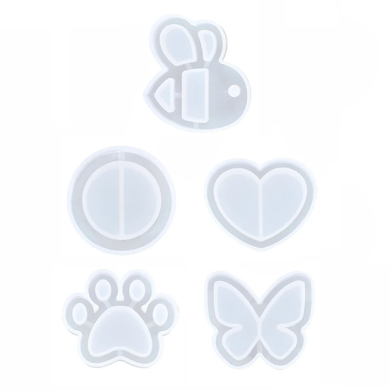 

5 Styles Resin Shaker Molds Set Bee Round Heart Cat's Paw Butterfly Epoxy Quicksand Silicone Keychain Pendant Molds Kit