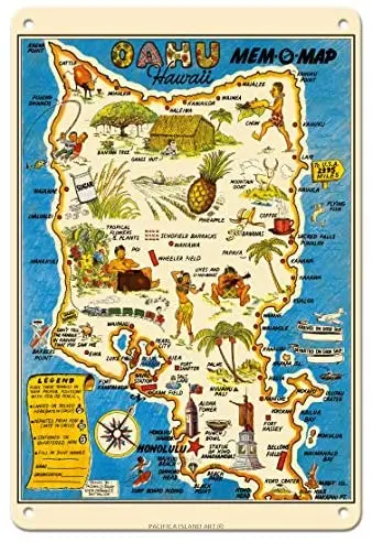 Oahu, Hawaii Mem-O-Map - World War II Military Souvenir Map - Illustrated Pictorial Map by John G. Drury c.1946 Metal Tin Sign
Oahu, Hawaii Mem-O-Map - World War II Military Souvenir Map - Illustrated Pictorial Map by John G. Drury c.1946 Metal Tin Sign