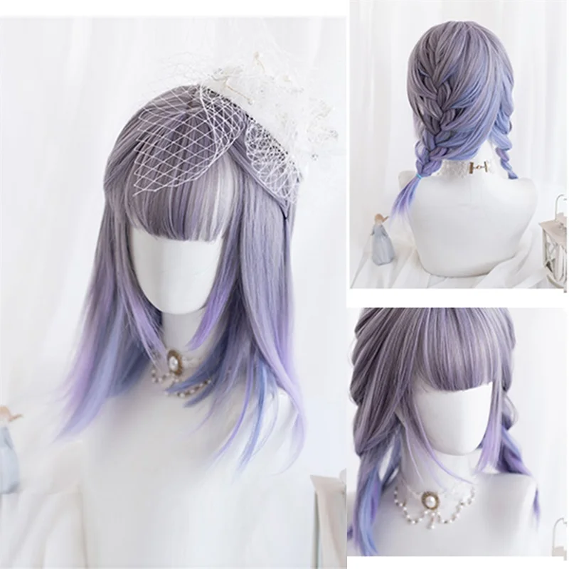 

CosplayMIx 30-70CM Halloween Party Lolita Mixed Blue Purple Ombre Long Curly Short Bob Ponytails Synthetic Bangs Cosplay Wig