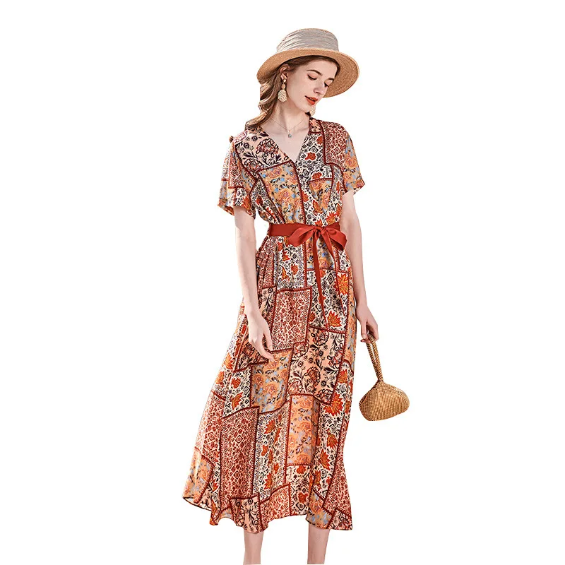 women Printed Dress 100% Silk Crepe Short Sleeves V Neck Midi Dresses 2021 Spring Summer Dress Vestidos
women Printed Dress 100% Silk Crepe Short Sleeves V Neck Midi Dresses 2021 Spring Summer Dress Vestidos