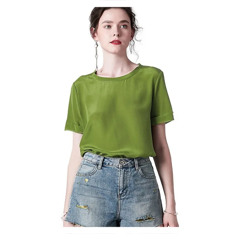 Silk T-shirt Women's Simple All-match Solid Color Silk Top Temperament Women's round Neck Short-Sleeved Bottoming Shirt
Silk T-shirt Women's Simple All-match Solid Color Silk Top Temperament Women's round Neck Short-Sleeved Bottoming Shirt