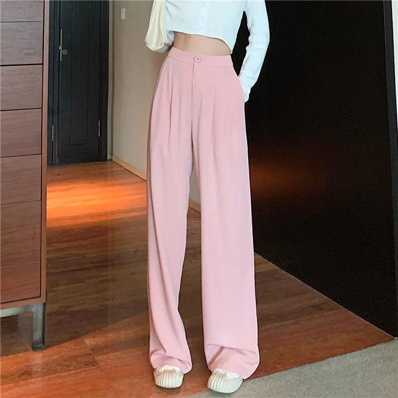 

Pink Solid High Waist Wide Leg Pants Female Casual Suit Mopping Pants Women Korean Style Classic Spring Straight Leg Trousers
