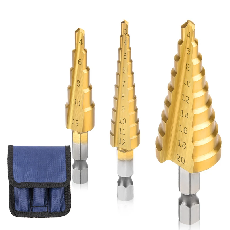 3pcs HSS Steel Titanium Step Drill Bit Hand Tool Sets 3-12mm 4-12mm 4-20mm Step Cone Cutt Woodworking Wood Metal Drill Bit Set
3pcs HSS Steel Titanium Step Drill Bit Hand Tool Sets 3-12mm 4-12mm 4-20mm Step Cone Cutt Woodworking Wood Metal Drill Bit Set