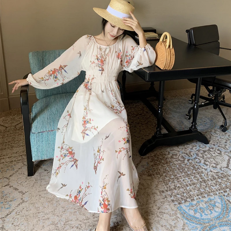 Fashion Korean Women Vintage Sexy O-Neck Chiffon Floral Print Maxi Party Dress Elegant Casual Robe Sweet Vacation Beach Dress
Fashion Korean Women Vintage Sexy O-Neck Chiffon Floral Print Maxi Party Dress Elegant Casual Robe Sweet Vacation Beach Dress