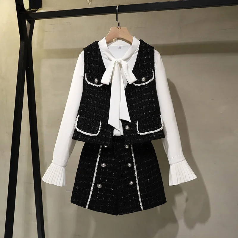 Sweet Tweed Women 3 Piece Set Bow White Chiffon Shirt + Beaded Pearl Vest Jacket + Mini Shorts Sets Woolen Office Lady Outfit
Sweet Tweed Women 3 Piece Set Bow White Chiffon Shirt + Beaded Pearl Vest Jacket + Mini Shorts Sets Woolen Office Lady Outfit